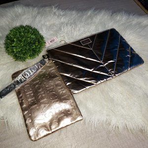NWT 2 Victoria's Secret golden cosmetic makeup bags zipper closure lined